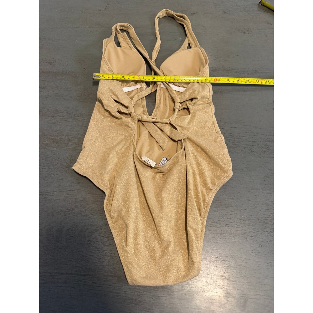 Becca Metallic Gold Shimmer One Piece Swimsuit Plunge Strappy Back Medium - Picture 4 of 4